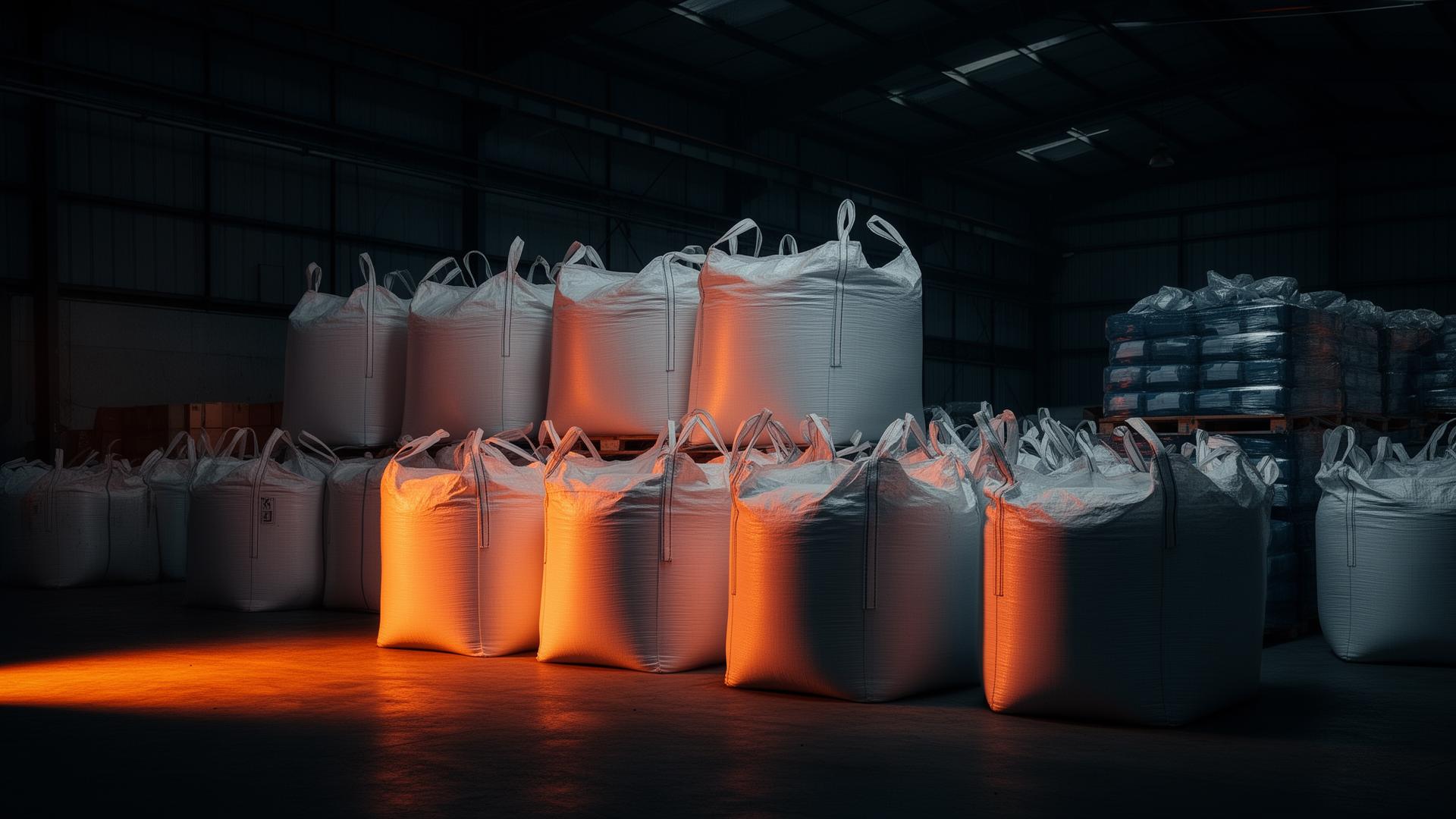 Bodega con maxisacos Big Bag industriales apilados en Santiago de Chile
